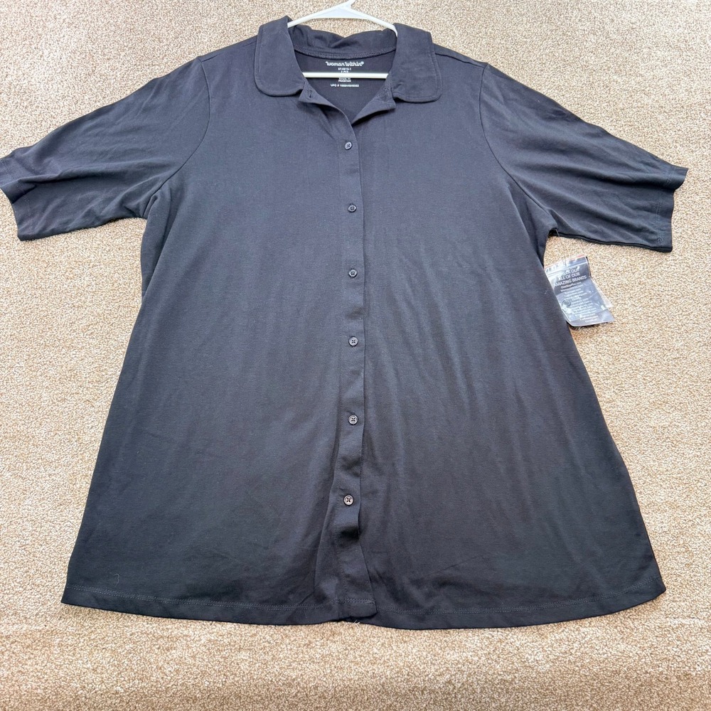 Woman Within Womens 1X 22 24 Blue Short Sleeve Button Down Jersey Shirt NEW